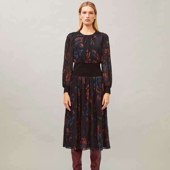 Tory Burch Dresses & Skirts - Tory Burch Rib Waist Long Sleeve Midi Dress in Ceramic Bouquet Size 8